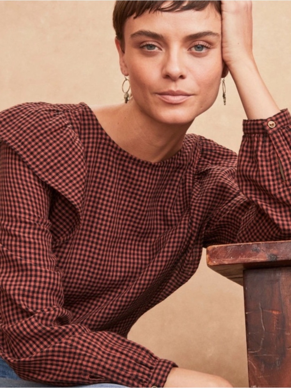 Garnet Hill Dylan organic cotton plaid ruffle blouse, size S